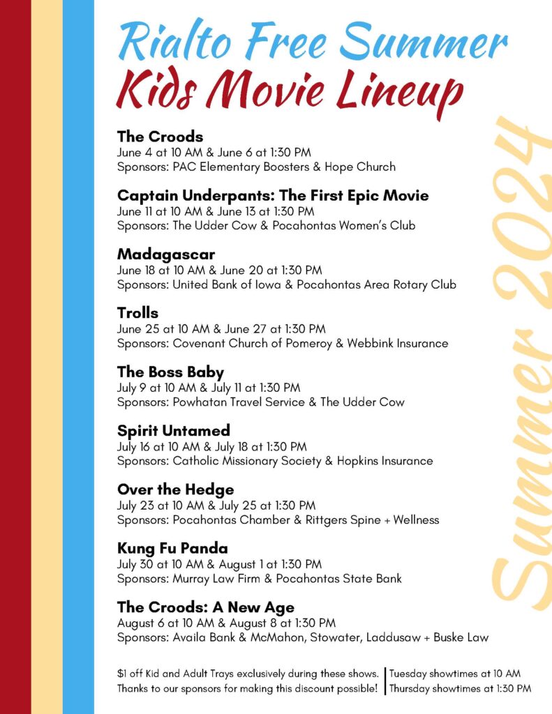 RIALTO - FREE- SUMMER KIDS MOVIE LINE-UP IN POCAHONTAS