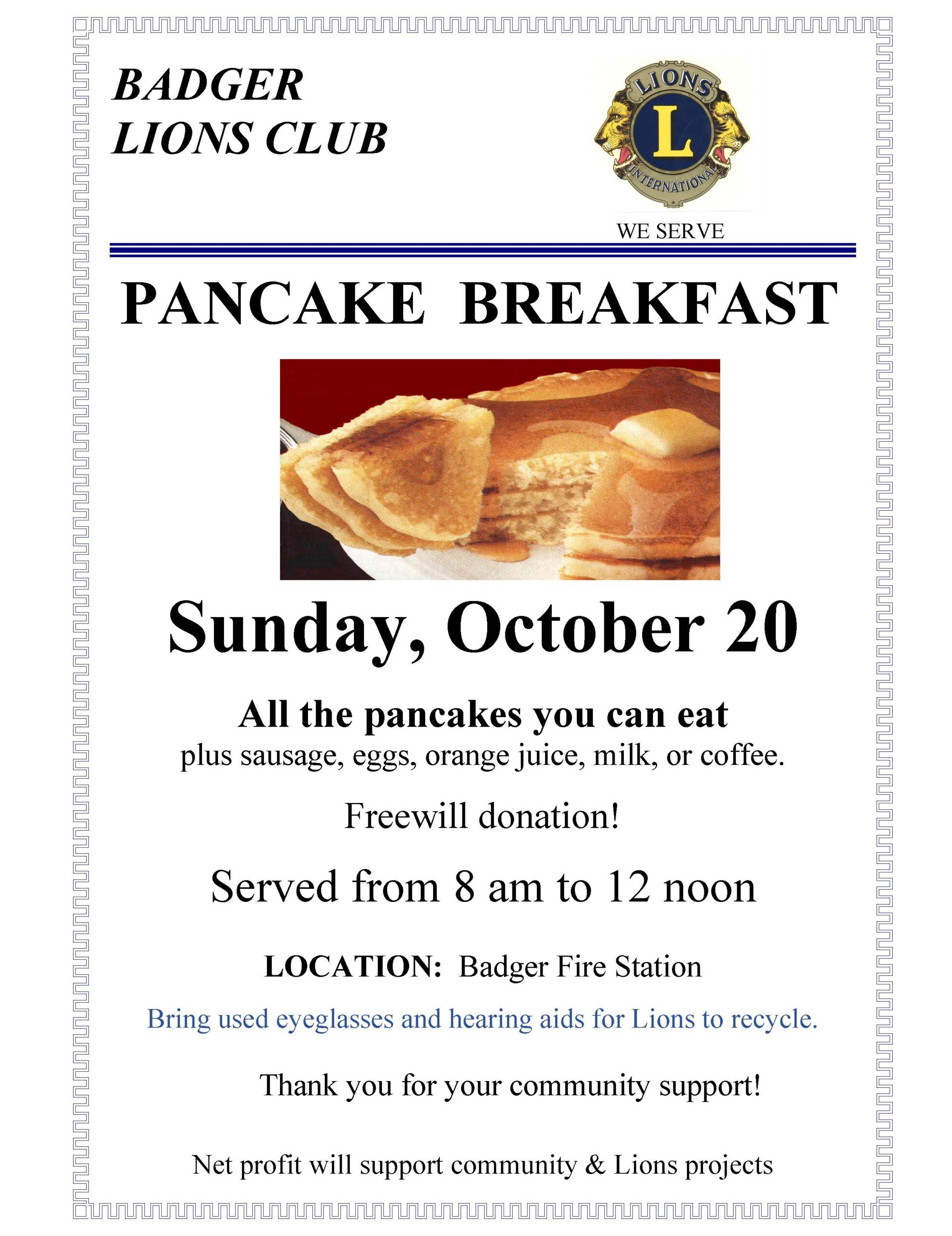 Badger Lion's Club Annual Pancake Breakfast @ BADGER FIRE STATION