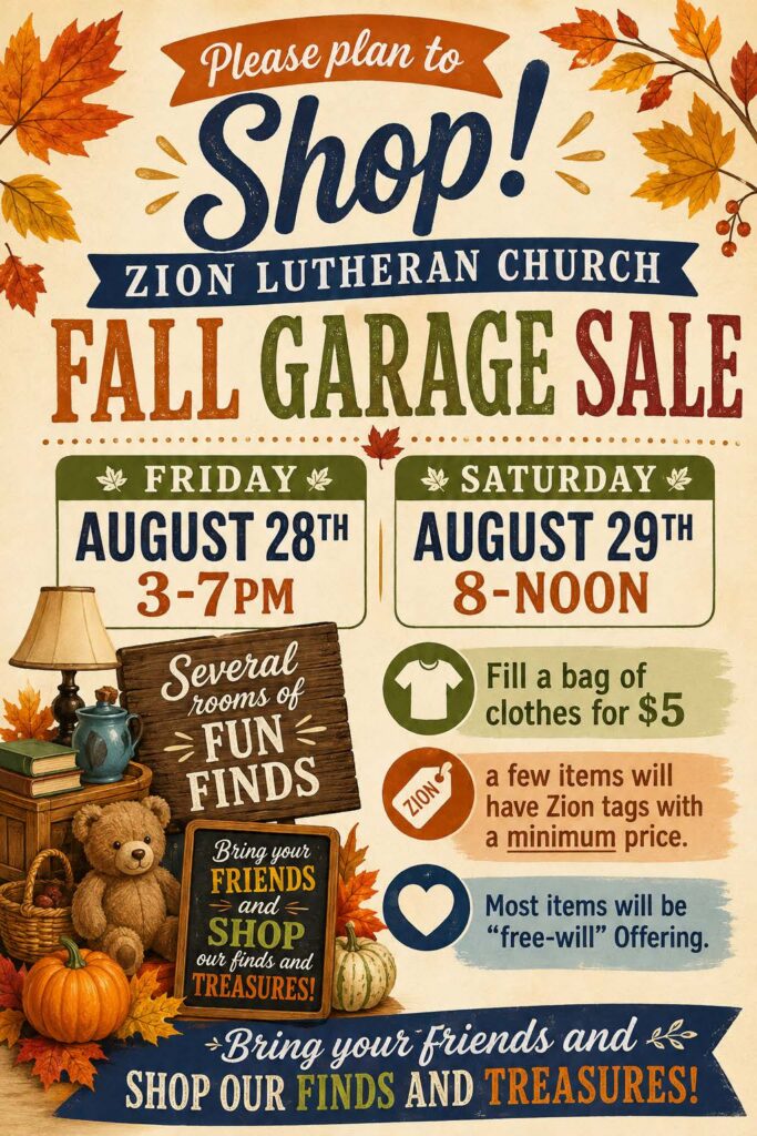 Zion Lutheran Church Fall Garage Sale @ Zion Lutheran Church